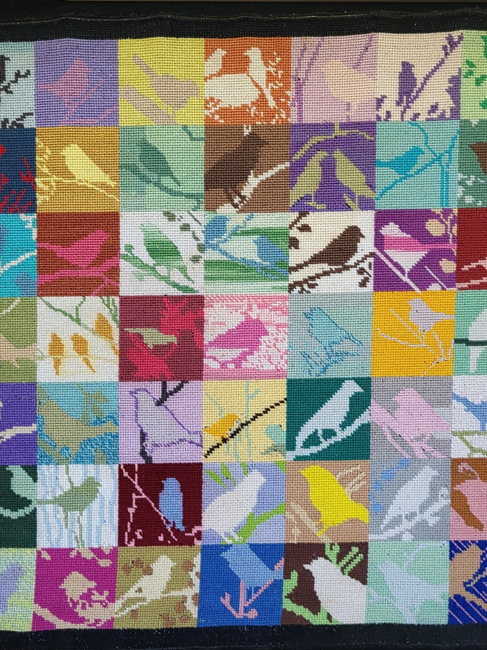 MCM Folk Art Colorblock Bird Silhouette Needlepoint Sampler 17" Square